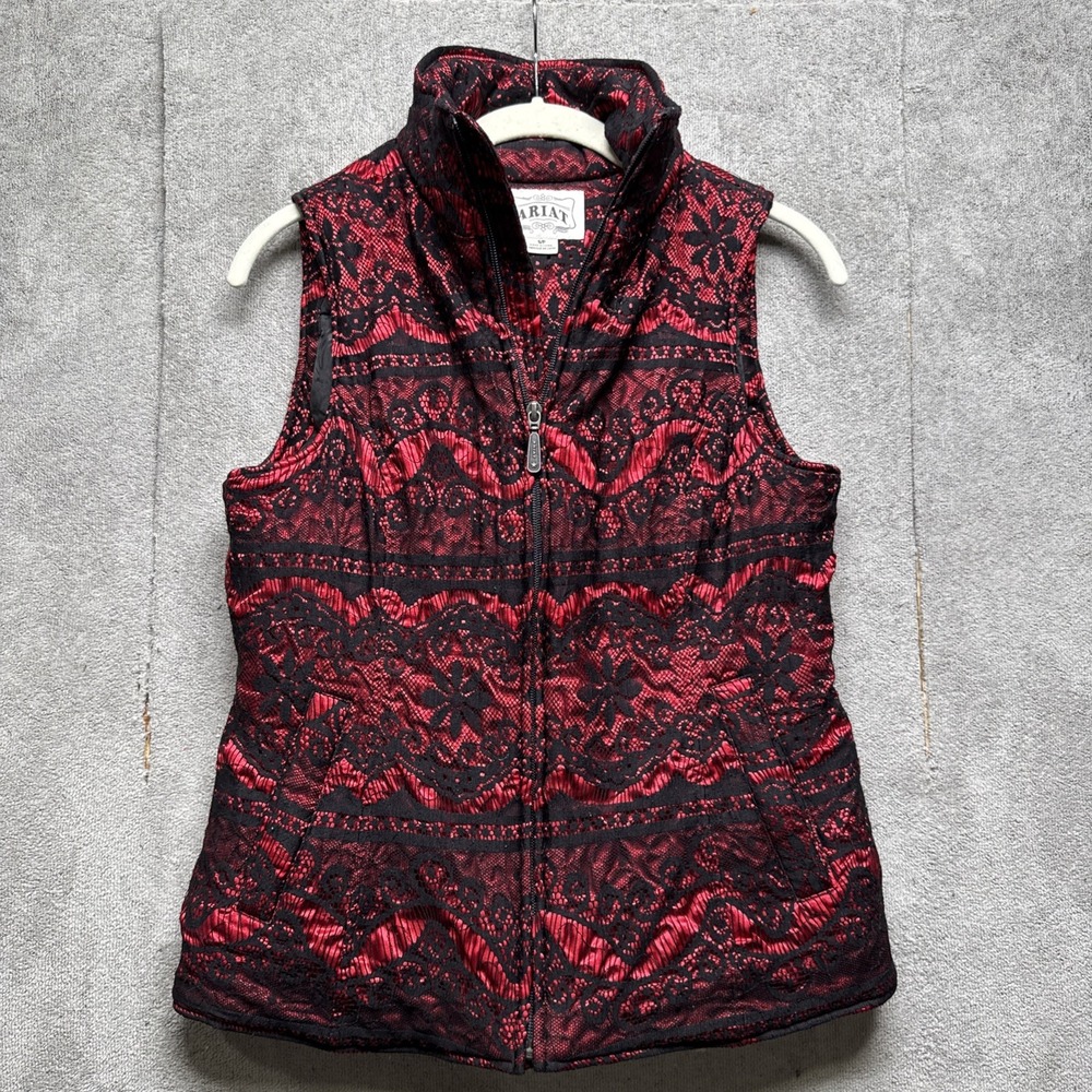 Ariat Vest Womens S Red Black Lace Puffer Pockets Zip Vamp Goth Dark Romance